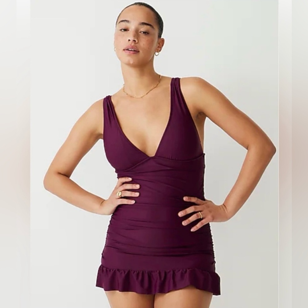 NWOT JCrew Ruched V neck swimsuit / Swim Dress / One piece Burgandy Size 8 - Picture 2 of 10
